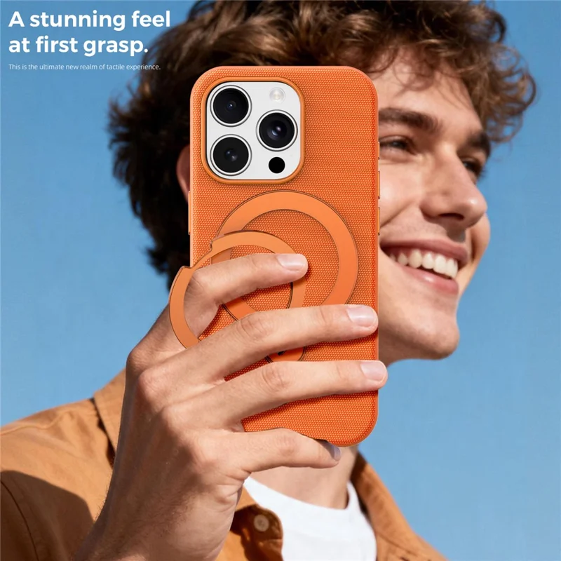 For iPhone 15 Pro Case Magnetic Rotating Kickstand Tech Fabric TPU Protective Cover - Orange