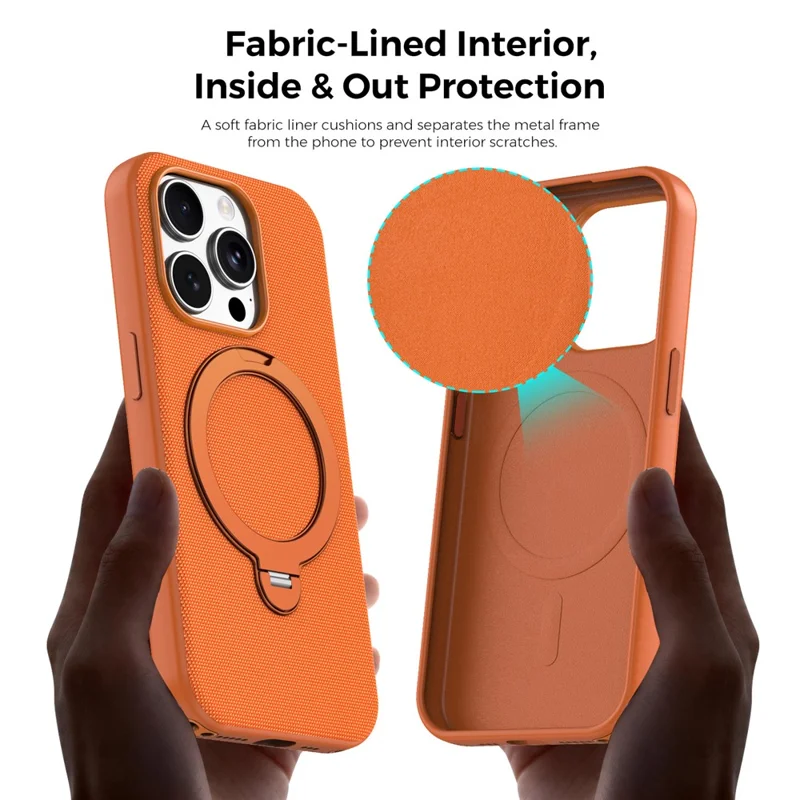 For iPhone 15 Pro Case Magnetic Rotating Kickstand Tech Fabric TPU Protective Cover - Orange