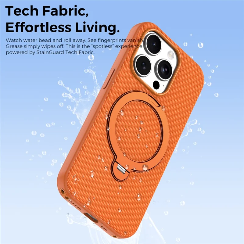 For iPhone 15 Pro Case Magnetic Rotating Kickstand Tech Fabric TPU Protective Cover - Orange