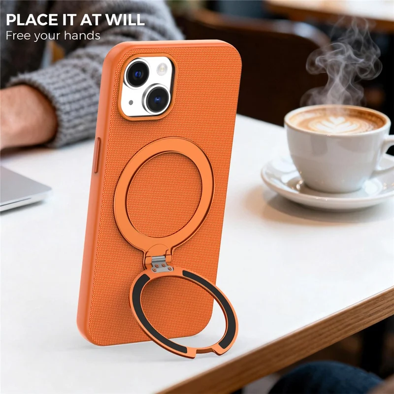 For iPhone 14 / 13 Case Magnetic Rotating Kickstand Tech Fabric TPU Protective Cover - Orange