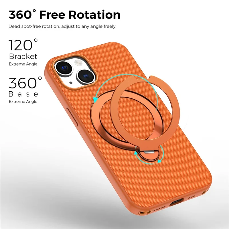 For iPhone 14 / 13 Case Magnetic Rotating Kickstand Tech Fabric TPU Protective Cover - Orange