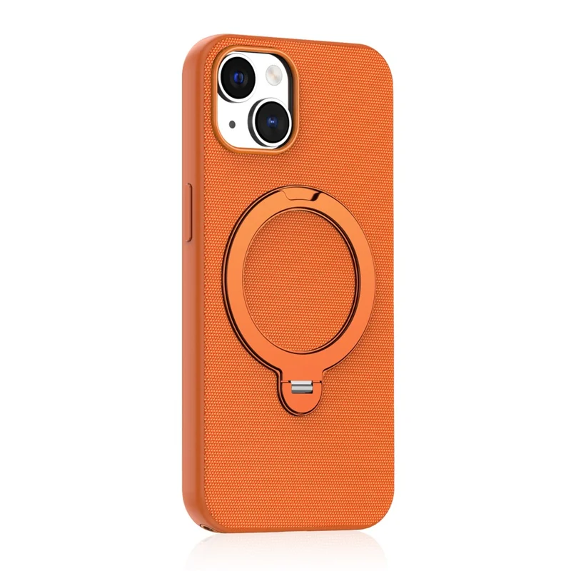 For iPhone 14 / 13 Case Magnetic Rotating Kickstand Tech Fabric TPU Protective Cover - Orange