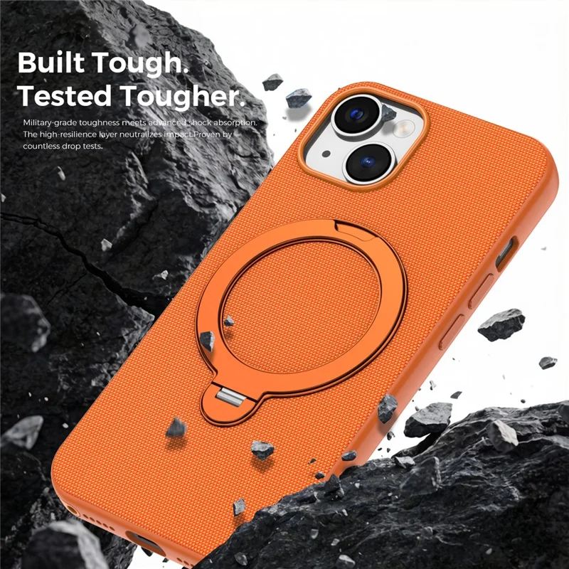 For iPhone 14 / 13 Case Magnetic Rotating Kickstand Tech Fabric TPU Protective Cover - Orange