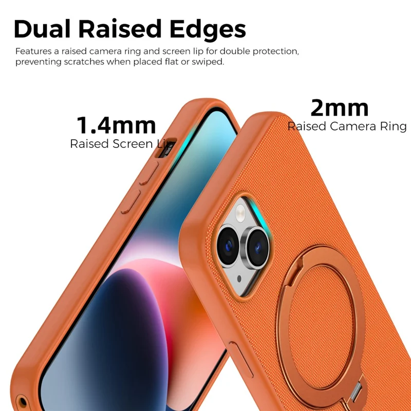 For iPhone 14 / 13 Case Magnetic Rotating Kickstand Tech Fabric TPU Protective Cover - Orange