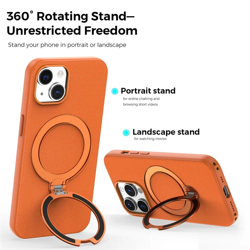 For iPhone 14 / 13 Case Magnetic Rotating Kickstand Tech Fabric TPU Protective Cover - Orange