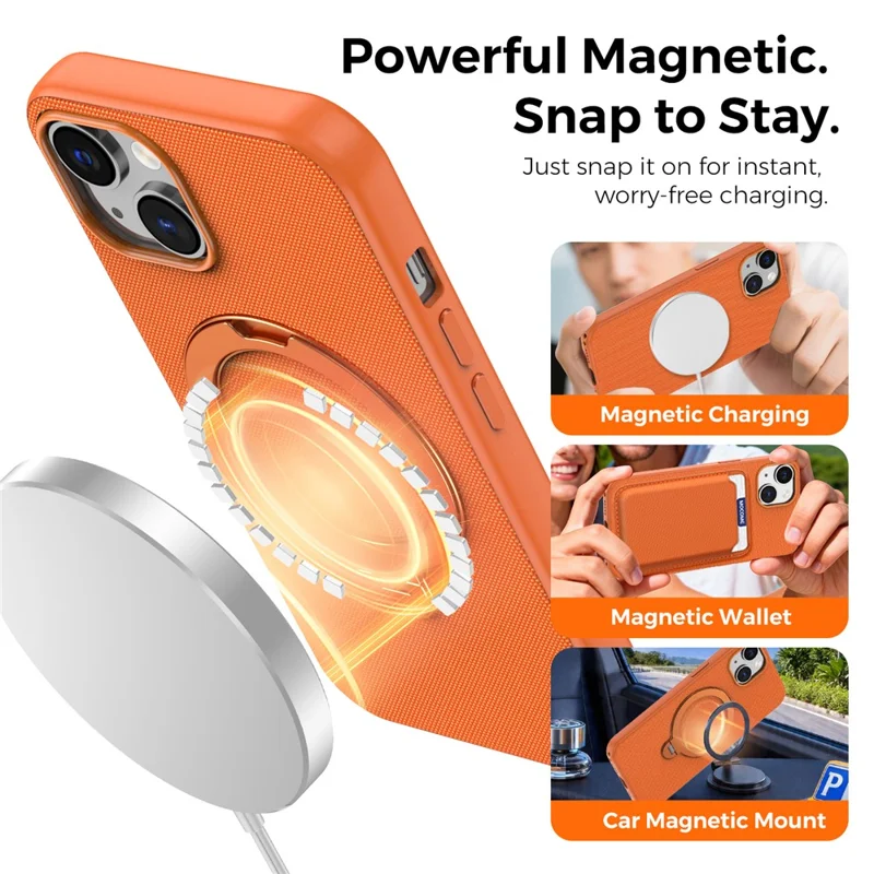 For iPhone 14 / 13 Case Magnetic Rotating Kickstand Tech Fabric TPU Protective Cover - Orange