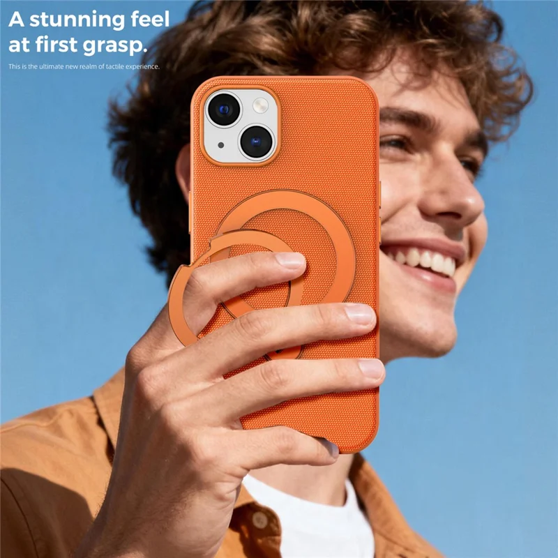 For iPhone 14 / 13 Case Magnetic Rotating Kickstand Tech Fabric TPU Protective Cover - Orange