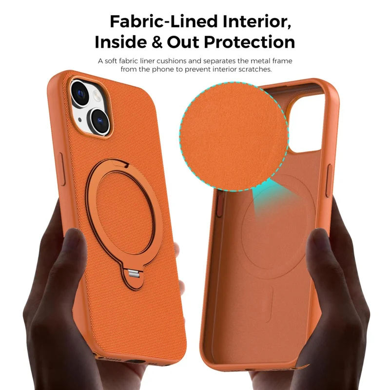 For iPhone 14 / 13 Case Magnetic Rotating Kickstand Tech Fabric TPU Protective Cover - Orange