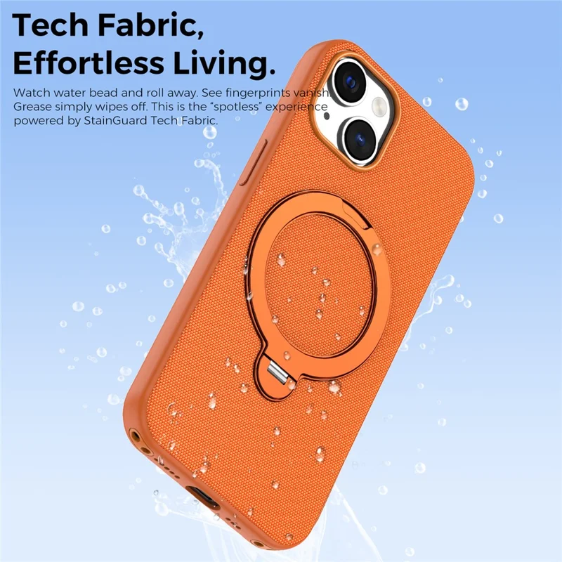 For iPhone 14 / 13 Case Magnetic Rotating Kickstand Tech Fabric TPU Protective Cover - Orange