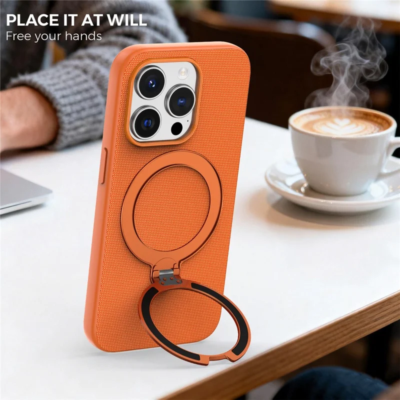 For iPhone 14 Pro Case Magnetic Rotating Kickstand Tech Fabric TPU Protective Cover - Orange
