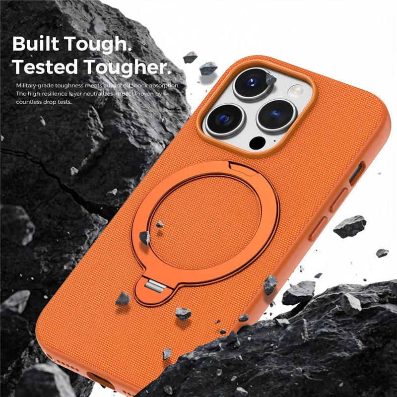For iPhone 14 Pro Case Magnetic Rotating Kickstand Tech Fabric TPU Protective Cover - Orange