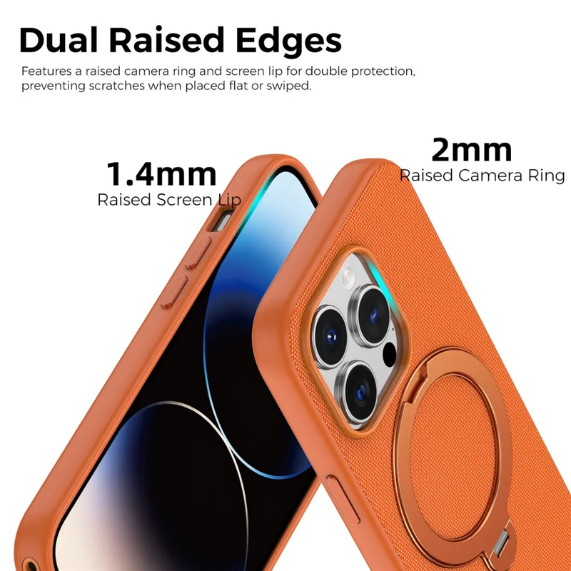 For iPhone 14 Pro Case Magnetic Rotating Kickstand Tech Fabric TPU Protective Cover - Orange