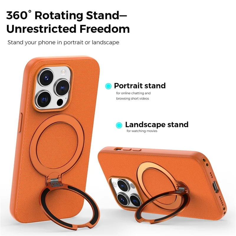For iPhone 14 Pro Case Magnetic Rotating Kickstand Tech Fabric TPU Protective Cover - Orange