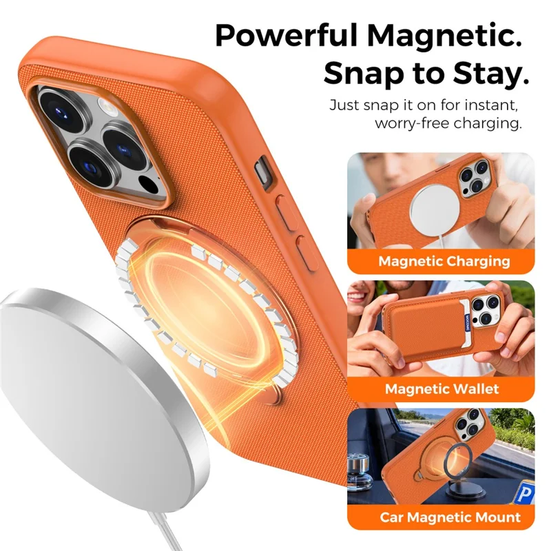 For iPhone 14 Pro Case Magnetic Rotating Kickstand Tech Fabric TPU Protective Cover - Orange