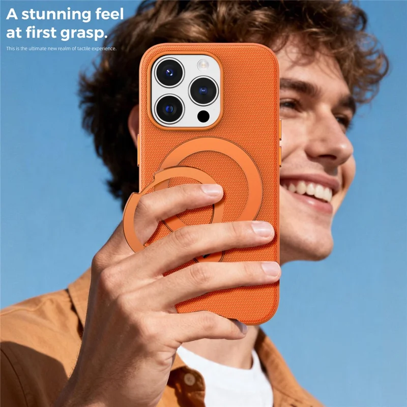 For iPhone 14 Pro Case Magnetic Rotating Kickstand Tech Fabric TPU Protective Cover - Orange