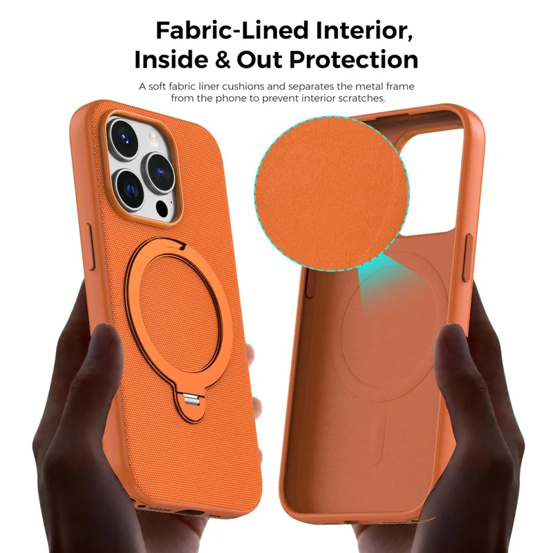 For iPhone 14 Pro Case Magnetic Rotating Kickstand Tech Fabric TPU Protective Cover - Orange