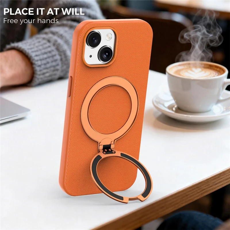For iPhone 15 Case Magnetic Rotating Kickstand Tech Fabric TPU Protective Cover - Orange