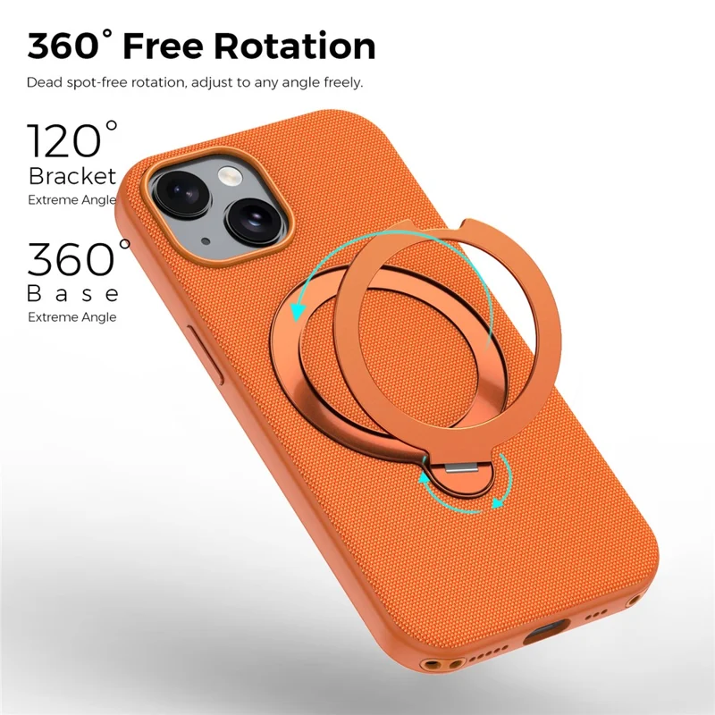 For iPhone 15 Case Magnetic Rotating Kickstand Tech Fabric TPU Protective Cover - Orange