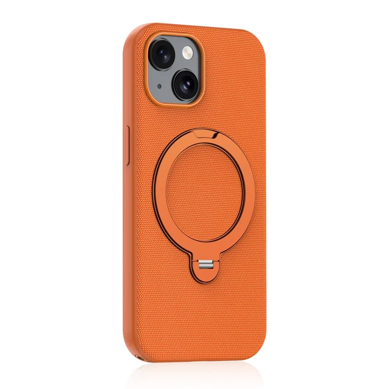 For iPhone 15 Case Magnetic Rotating Kickstand Tech Fabric TPU Protective Cover - Orange