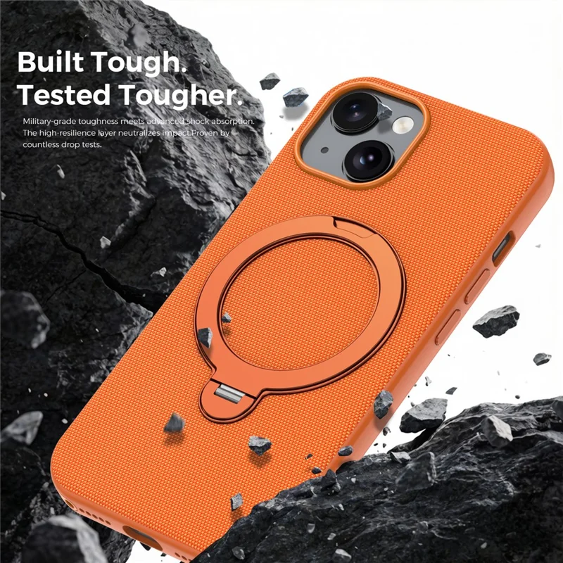 For iPhone 15 Case Magnetic Rotating Kickstand Tech Fabric TPU Protective Cover - Orange