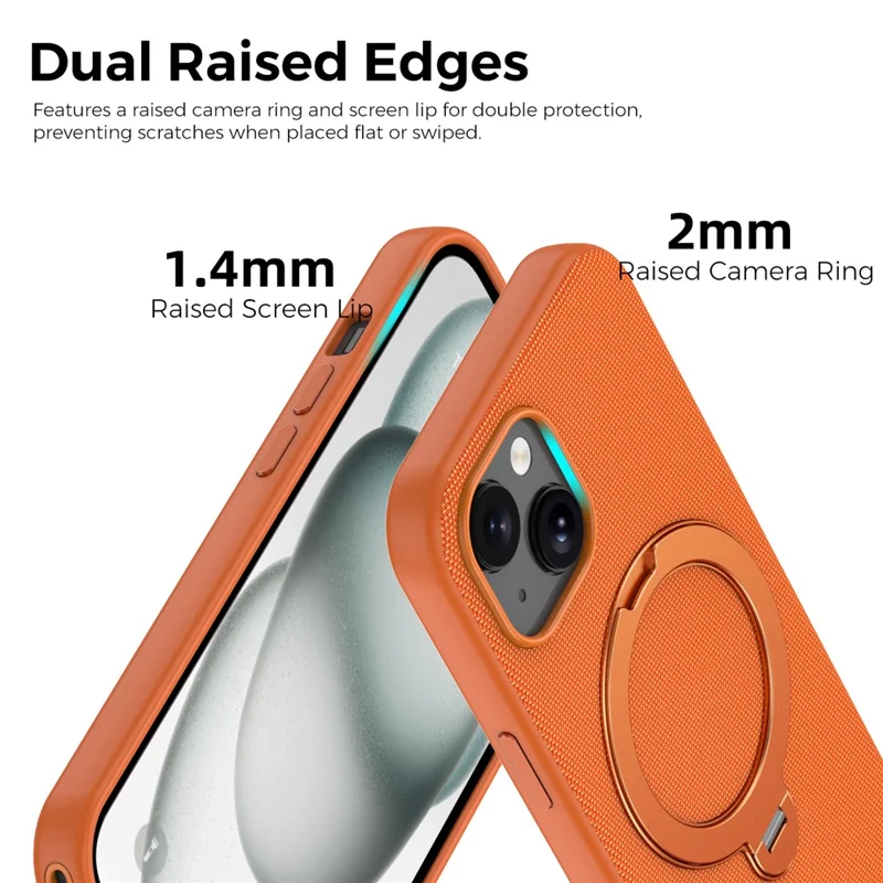 For iPhone 15 Case Magnetic Rotating Kickstand Tech Fabric TPU Protective Cover - Orange