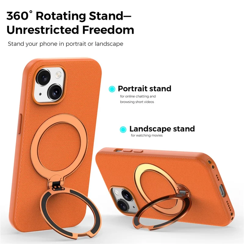 For iPhone 15 Case Magnetic Rotating Kickstand Tech Fabric TPU Protective Cover - Orange