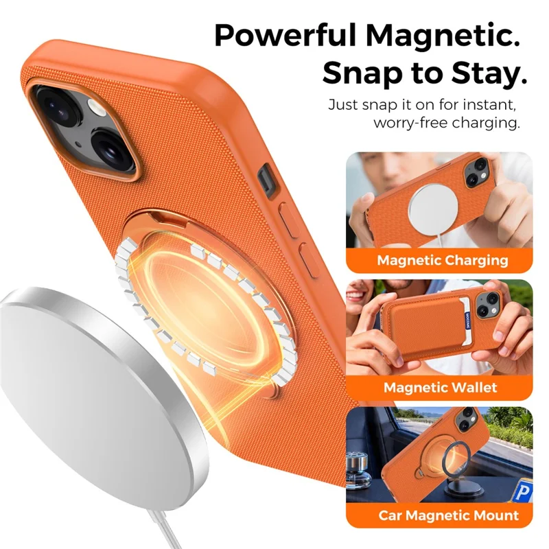 For iPhone 15 Case Magnetic Rotating Kickstand Tech Fabric TPU Protective Cover - Orange