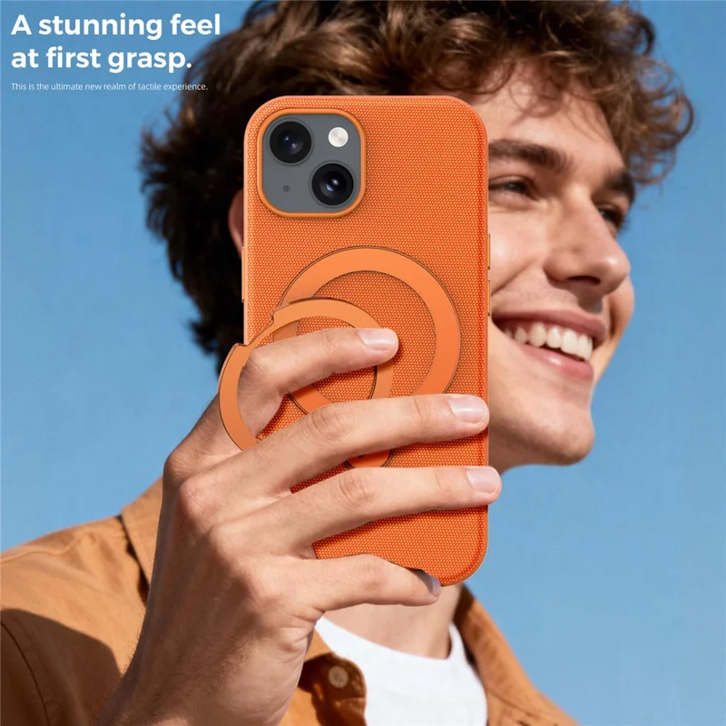 For iPhone 15 Case Magnetic Rotating Kickstand Tech Fabric TPU Protective Cover - Orange