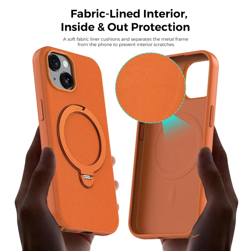 For iPhone 15 Case Magnetic Rotating Kickstand Tech Fabric TPU Protective Cover - Orange