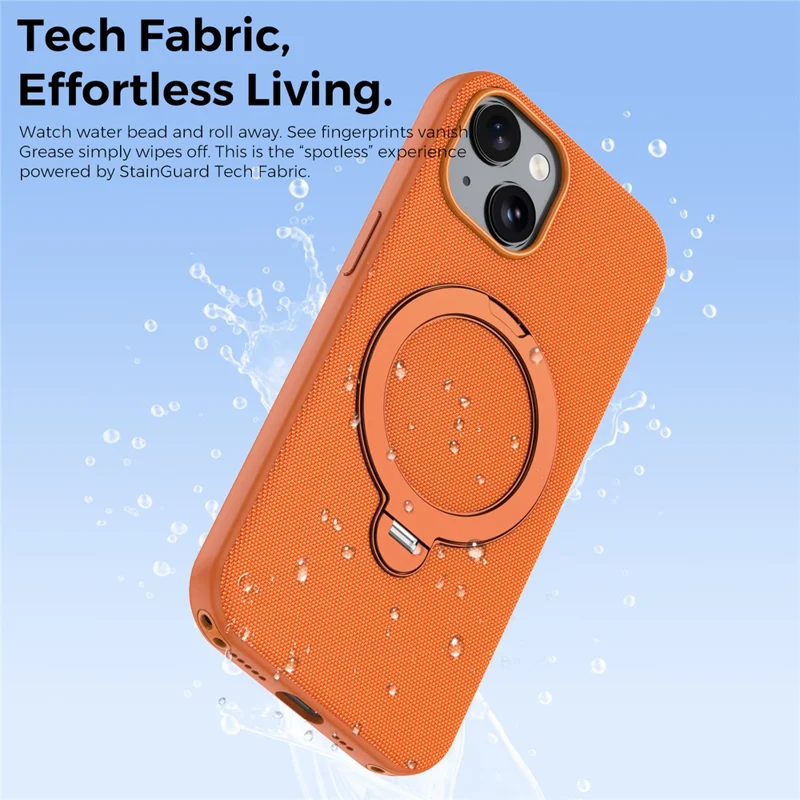 For iPhone 15 Case Magnetic Rotating Kickstand Tech Fabric TPU Protective Cover - Orange