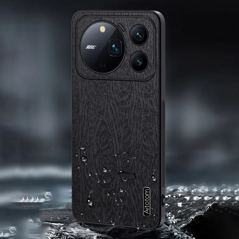 For Honor Magic9 Pro Max 5G Case Wood Texture PU Leather Coated PC TPU Phone Cover - Black