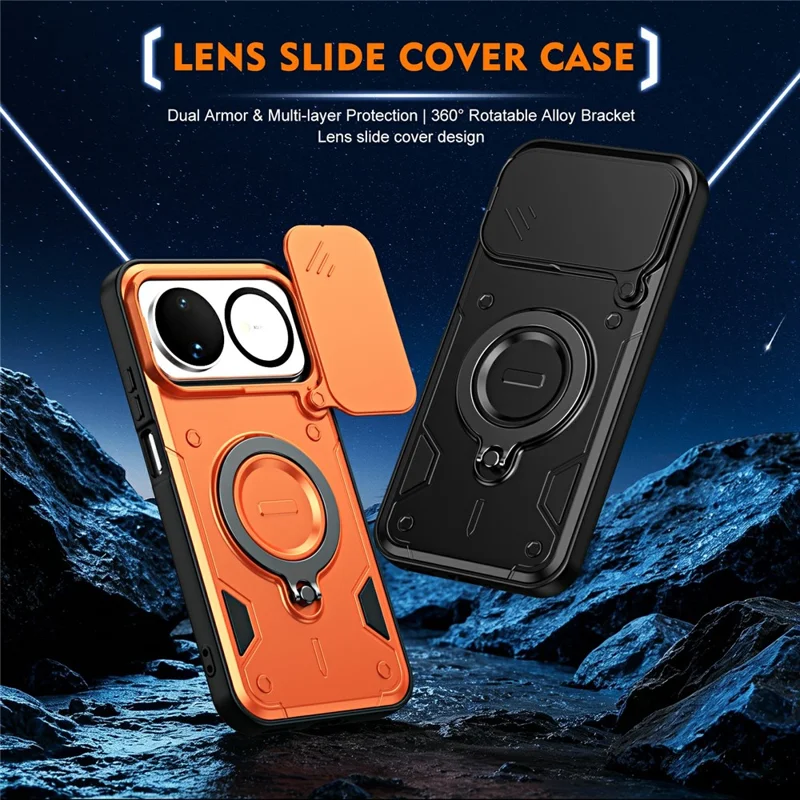 For Huawei nova 16 5G Case with Slide Lens Cover Rotatable Kickstand Shockproof TPU + PC Phone Shell - Orange