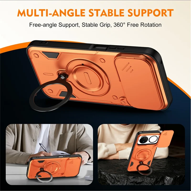 For Huawei nova 16 5G Case with Slide Lens Cover Rotatable Kickstand Shockproof TPU + PC Phone Shell - Orange