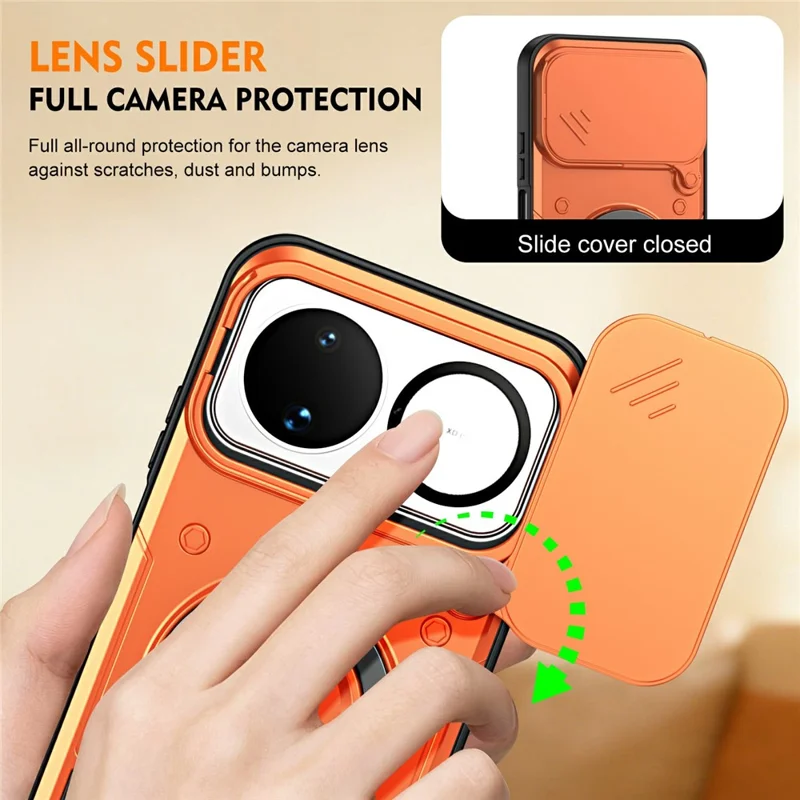 For Huawei nova 16 5G Case with Slide Lens Cover Rotatable Kickstand Shockproof TPU + PC Phone Shell - Orange