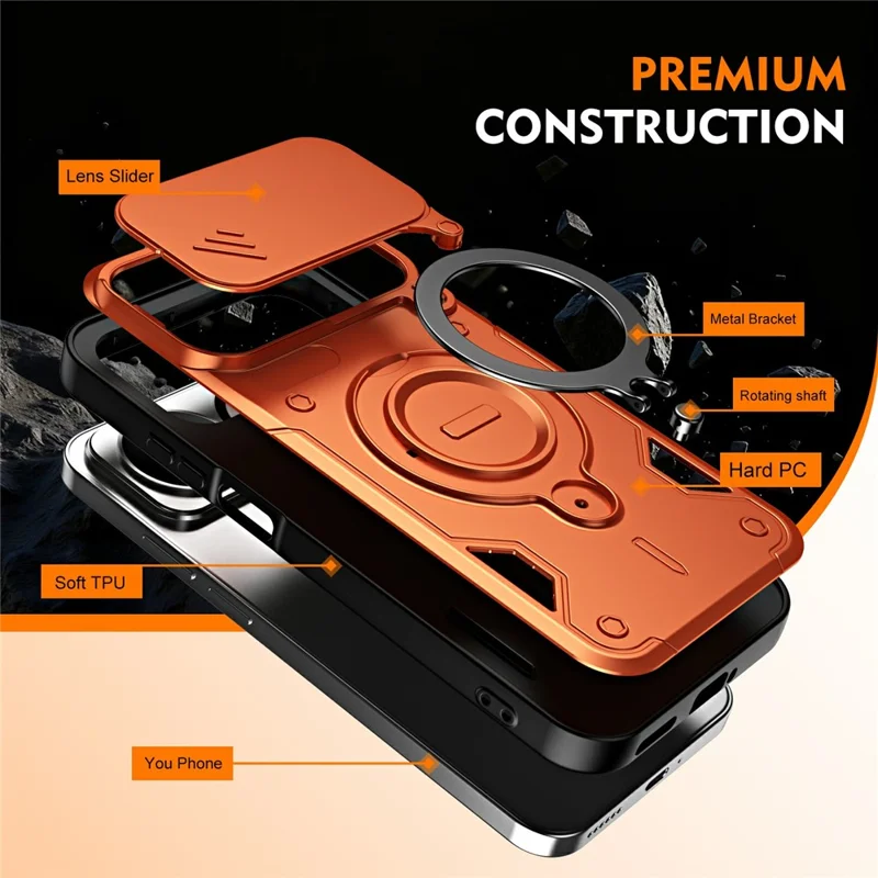 For Huawei nova 16 5G Case with Slide Lens Cover Rotatable Kickstand Shockproof TPU + PC Phone Shell - Orange