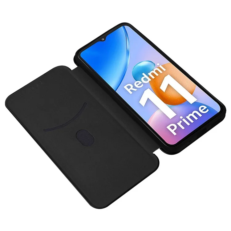 Para Xiaomi Redmi 11 Prime 4G Textura de Fibra de Carbono Magnética Couro PU Anti-arranhão Caixa Caixa Caixa de Capa Stand Tampa Celular Tampa - Preto