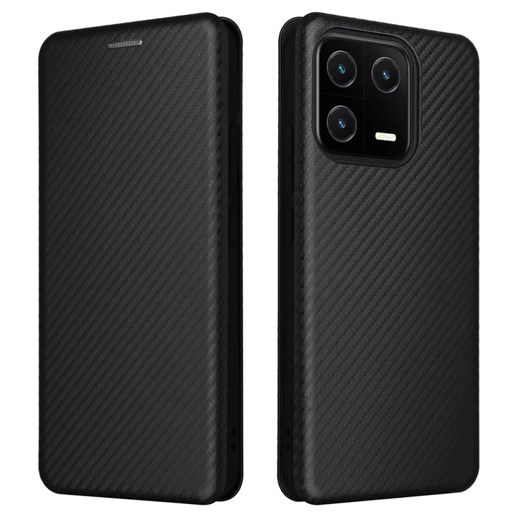 Shockproof Mobile Phone Cover For Xiaomi 13 5G Carbon Fiber Texture Magnetic PU Leather Anti-scratch Phone Case Card Slot Stand - Black
