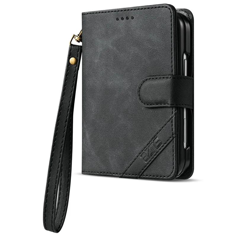 AZNS A2 pour iPhone Duo étui en cuir avec dragonne, portefeuille avec protection RFID, support, housse pour téléphone - Noir