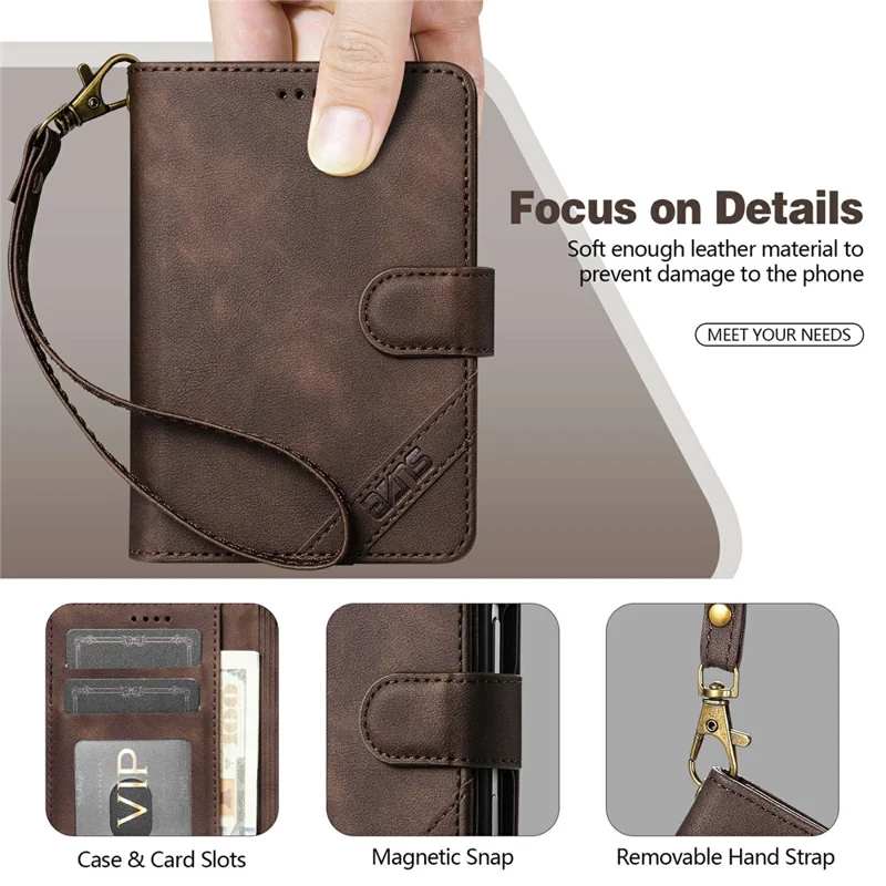 AZNS A2 pour iPhone Duo étui en cuir avec dragonne, portefeuille avec protection RFID, support, housse pour téléphone - Noir