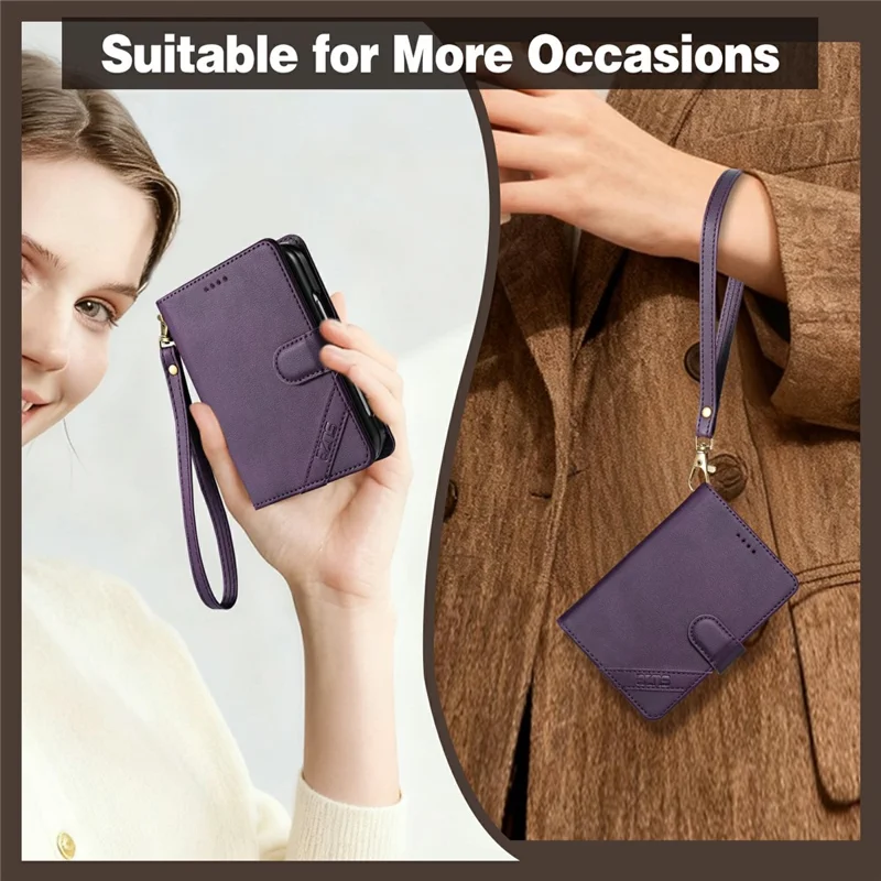 AZNS A2 pour iPhone Duo étui en cuir avec dragonne, portefeuille avec protection RFID, support, housse pour téléphone - Noir
