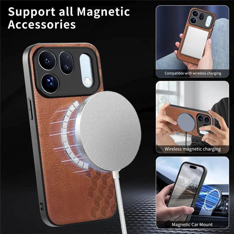 For Oppo Find X10 5G Magnetic Phone Case with Grid Pattern Protective PU Leather + PC Back Cover - Brown