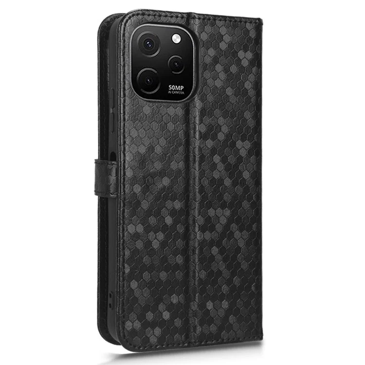 For Huawei nova Y61 4G Dot Pattern Imprinted Phone Cover PU Leather Shockproof Wallet Stand Cover with Strap - Black