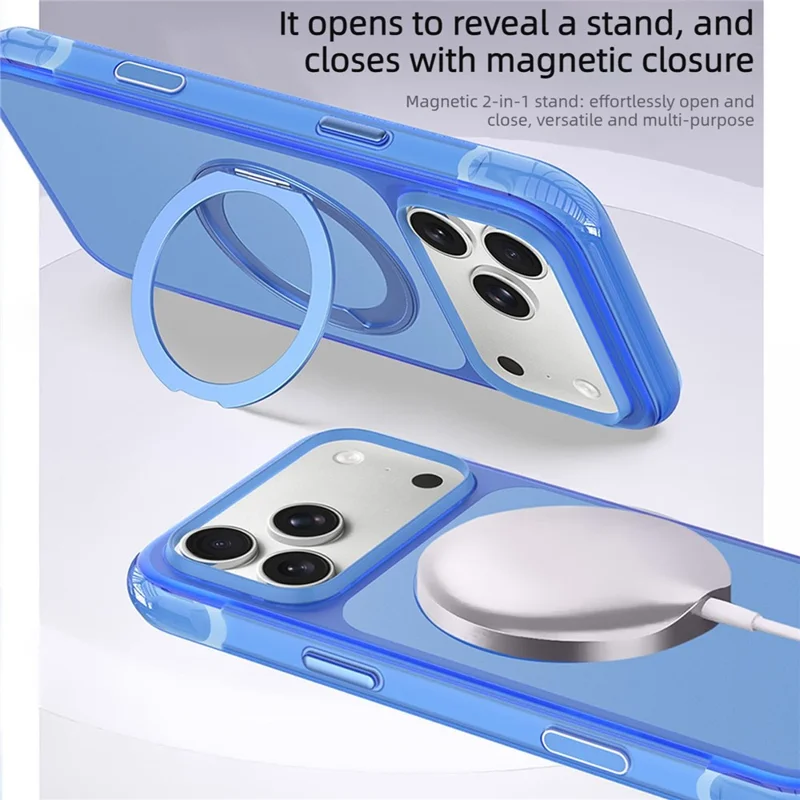 For iPhone 18 Pro Max / 17 Pro Max Magnetic Case Rotary Ring Kickstand PC + TPU Phone Cover - Blue