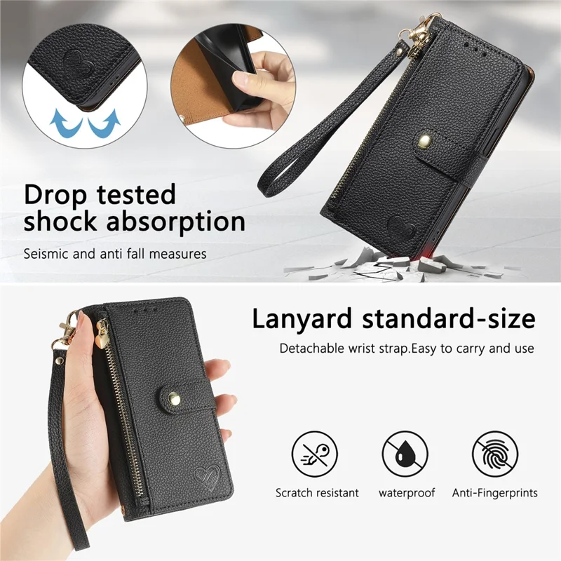 For Honor Magic9 Super Edition 5G Case RFID Blocking Zipper Pocket Leather Wallet Phone Cover with Strap - Black