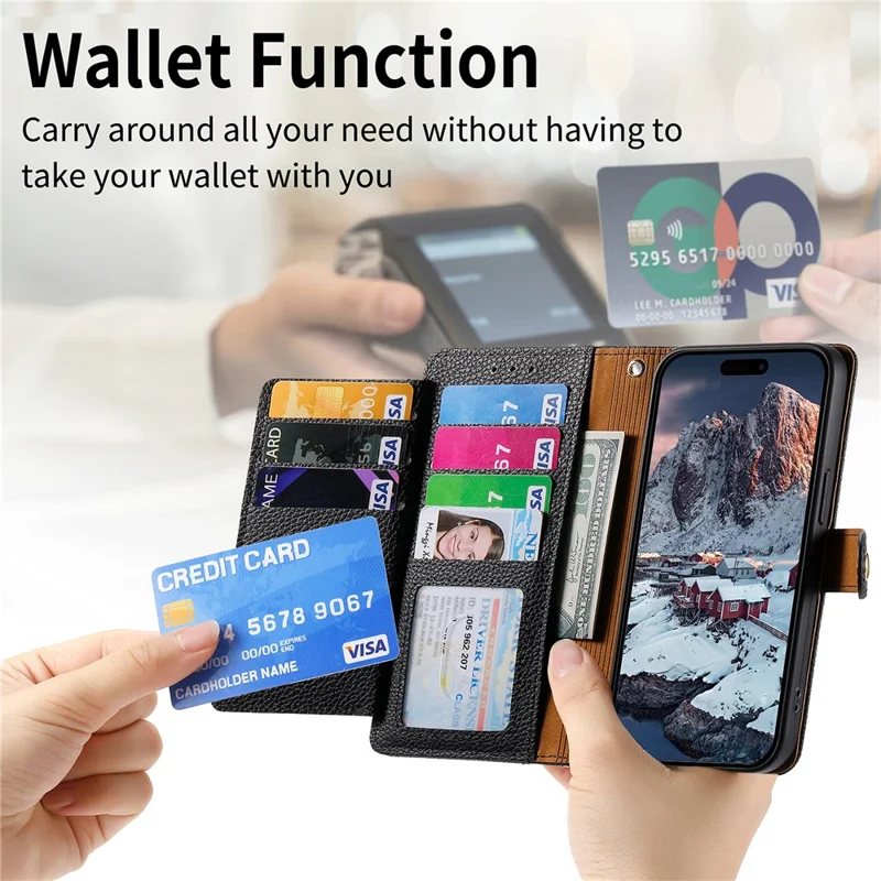 For Honor Magic9 Super Edition 5G Case RFID Blocking Zipper Pocket Leather Wallet Phone Cover with Strap - Black