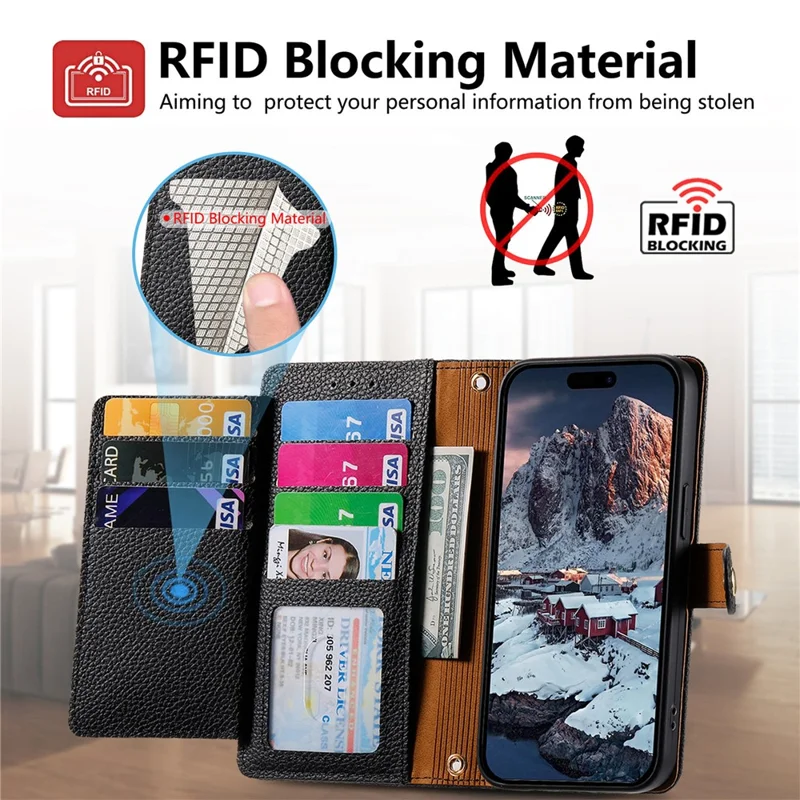 For Honor Magic9 Super Edition 5G Case RFID Blocking Zipper Pocket Leather Wallet Phone Cover with Strap - Black