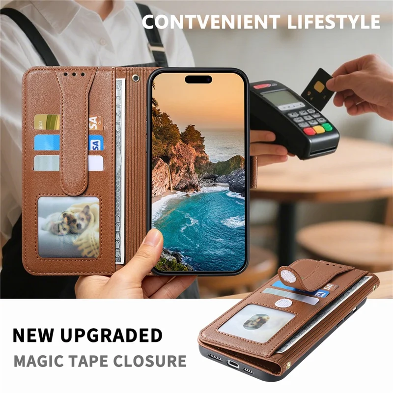 For Honor Magic9 Super Edition 5G Case Triangle Closure Leather Folio Wallet Phone Cover with Wrist Strap - Brown