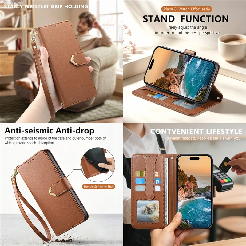For Honor Magic9 Super Edition 5G Case Triangle Closure Leather Folio Wallet Phone Cover with Wrist Strap - Brown