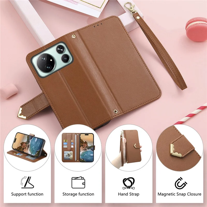 For Honor Magic9 Super Edition 5G Case Triangle Closure Leather Folio Wallet Phone Cover with Wrist Strap - Brown