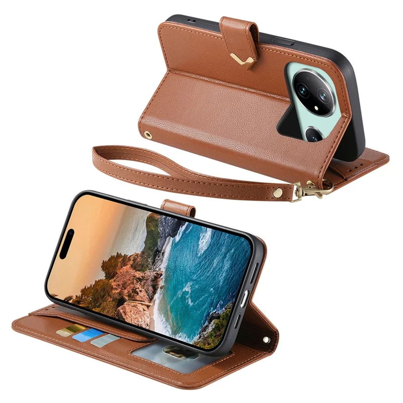 For Honor Magic9 Super Edition 5G Case Triangle Closure Leather Folio Wallet Phone Cover with Wrist Strap - Brown